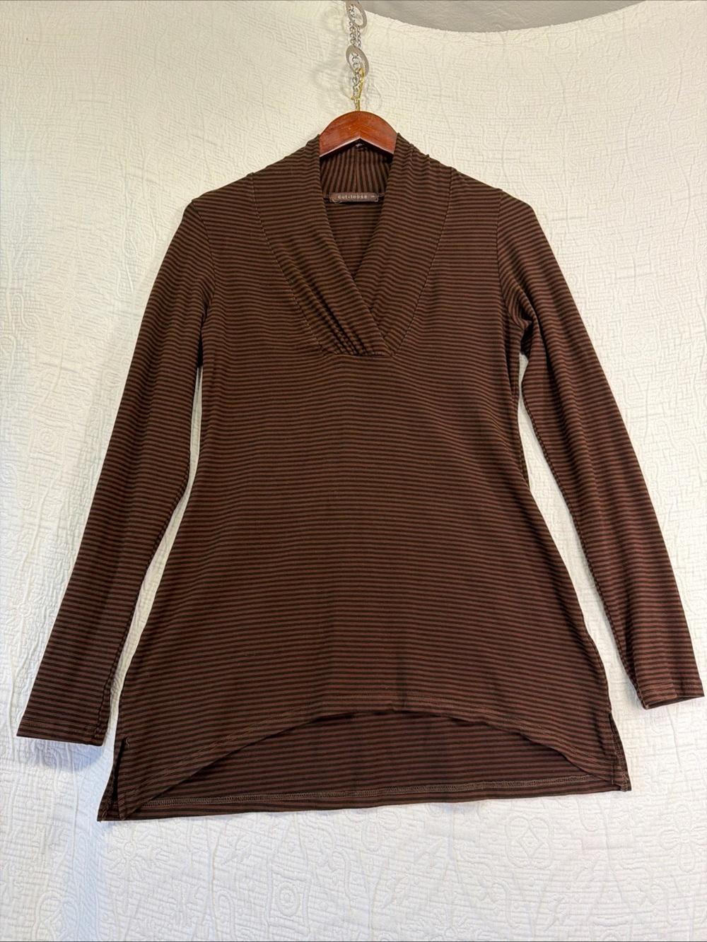Cut Loose Womens Tunic Top Size Small Brown Black Stripe Stretchy Shall Collar S